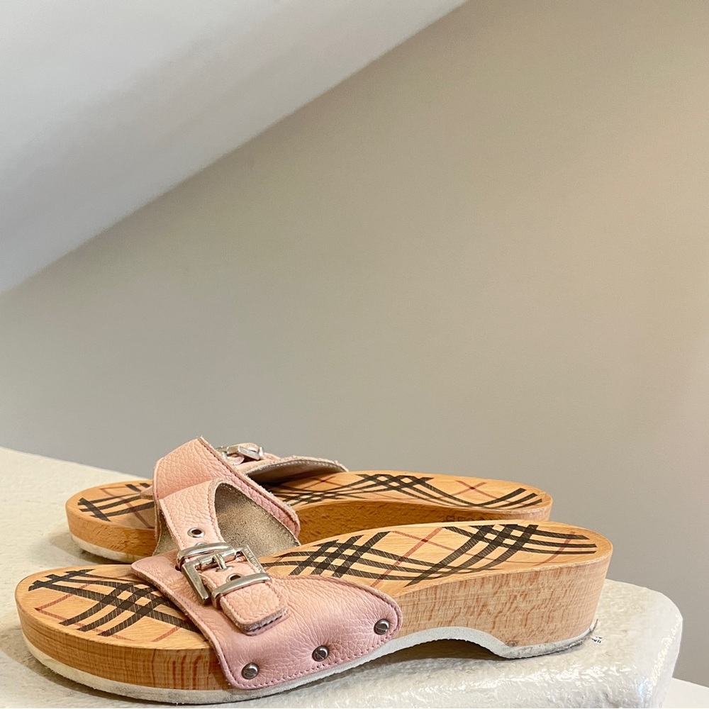 Burberry Soft Pink Leather Wooden‎ Clog Slide Sandals Nova Check Plaid Size 9